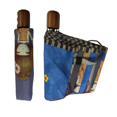 マニュアルの開いた繭紬の木製のハンドルの傘を印刷するデジタル